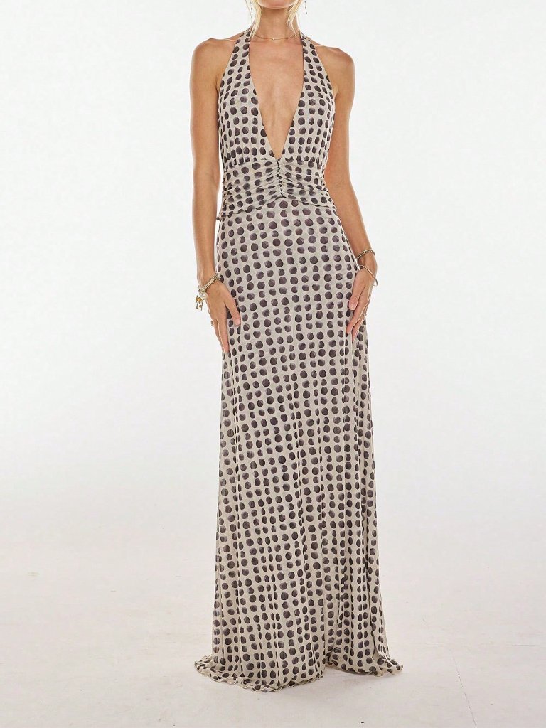 Black Boho Floral Maxi Halter Backless Women's Dress